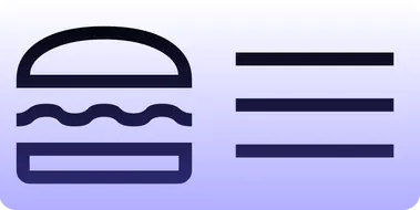Symbol eines Burgermenüs mit drei horizontalen Linien rechts und einem stilisierten Hamburger-Symbol links auf einem lila Verlaufshintergrund.